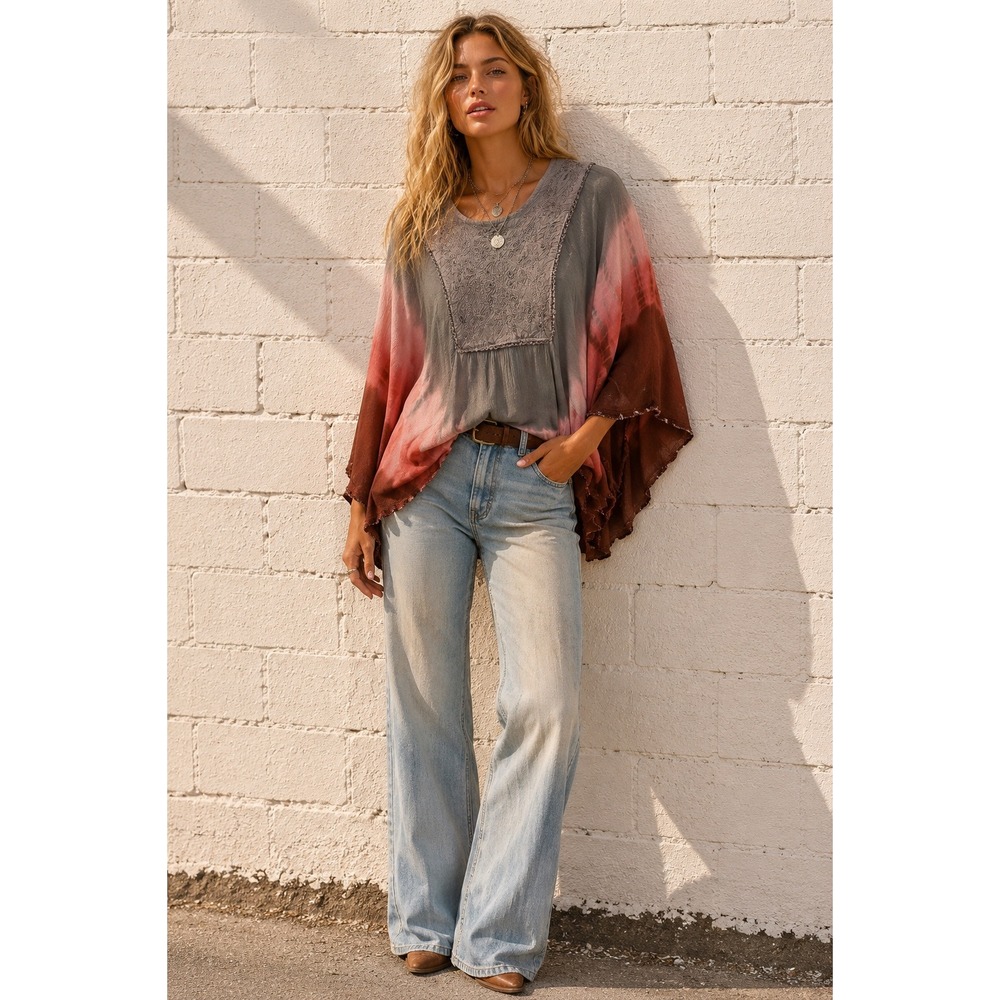 Just Cruising Grey Coral Rayon Tie Dye Embroidered Poncho Top Boho Festival XL